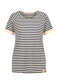 Camiseta de rayas horizontales en blanco y negro de manga corta con ribete melocotón en las mangas y una pequeña etiqueta amarilla cerca del dobladillo inferior.