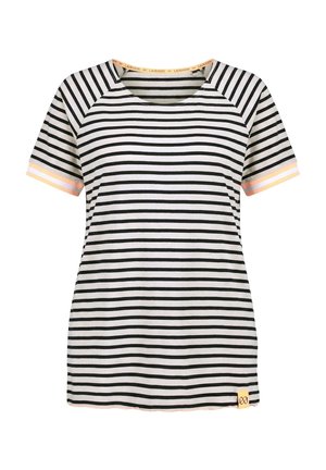 Zwart-wit horizontaal gestreept shirt met korte mouwen, perzikkleurige rand aan de mouwen en een klein geel label vlakbij de onderste zoom.