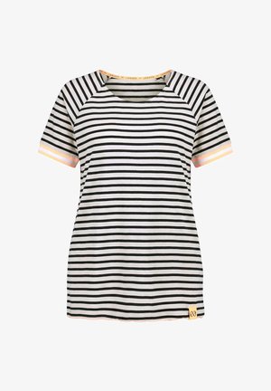 Zwart-wit horizontaal gestreept shirt met korte mouwen, perzikkleurige rand aan de mouwen en een klein geel label vlakbij de onderste zoom.