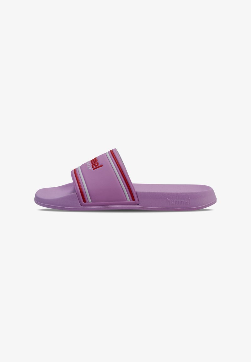 Purple slide sandal featuring a wide strap with red and white stripes, flat sole, and logo embossed on the side. Smooth texture design.