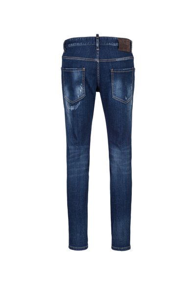 Skinny jeans in donkerblauwe denim, met een vervaagd effect, twee achterzakken en een bruin leren label op de tailleband.