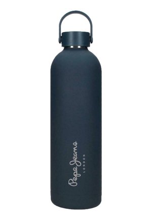 Botella de agua de acero inoxidable azul oscuro mate con tapa con asa, logo vertical "Pepe Jeans London" en el lateral sobre fondo blanco.