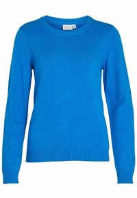 Suéter de manga larga de cuello redondo en azul brillante con puños y dobladillo acanalados, fabricado en tejido de punto.