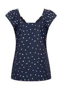 Námořnický top s bílým vzorem srdcí, čtvercovým výstřihem a volánkovými rukávy. Obsahuje krajkové detaily podél výstřihu pro zvýraznění textury.