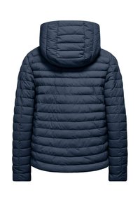 Giacca puffer blu navy con cappuccio, design trapuntato e cuciture orizzontali, e una finitura liscia. Questa giacca ha maniche lunghe e una vestibilità rilassata.
