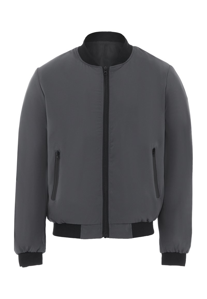 Graue Bomberjacke mit einem Reißverschluss, geripptem Kragen, Bündchen und Saum. Verfügt über zwei vordere Reißverschlusstaschen und eine glatte, glänzende Textur.