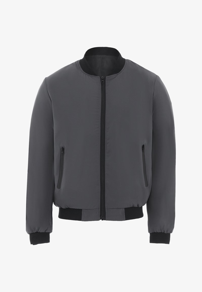 Gray bomber jacket with a zip closure, ribbed collar, cuffs, and hem. Features two front zip pockets and a smooth, glossy texture.