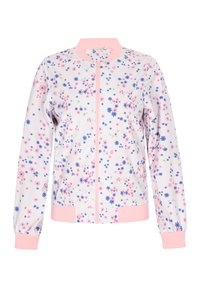 Giacca bomber floreale con una base bianca, caratterizzata da motivi di fiori rosa e blu, colletto e polsini a coste rosa e chiusura con zip frontale.