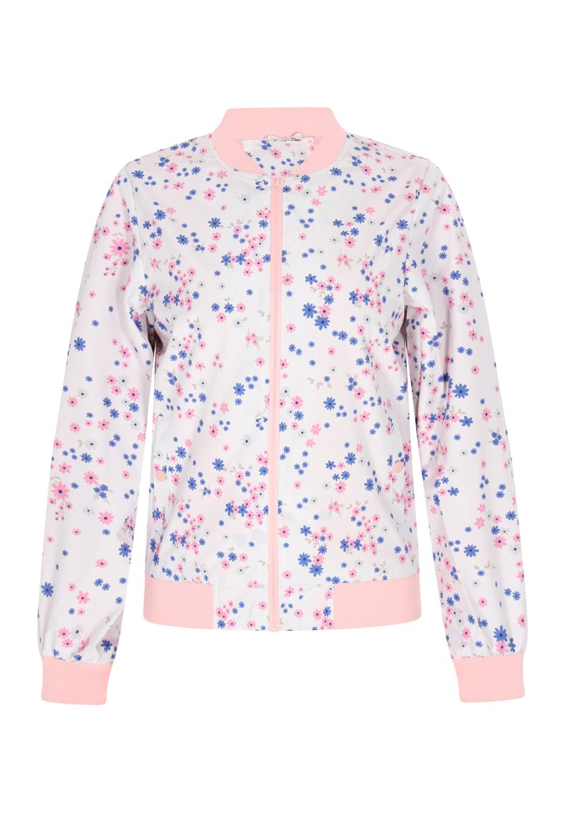 Giacca bomber floreale con una base bianca, caratterizzata da motivi di fiori rosa e blu, colletto e polsini a coste rosa e chiusura con zip frontale.