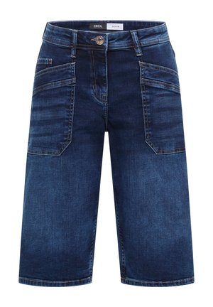 Donkerblauwe denim knielange shorts met opgestikte voorzakken, ceintuurlussen en knoopsluiting.