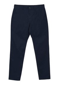 Pantaloni blu navy in cotone, con vestibilità dritta, dotati di chiusura con bottone, passanti per cintura e tasche laterali. Texture morbida su tutta la superficie.