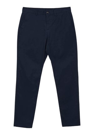 Navyblaue Baumwollhosen mit geradem Schnitt, ausgestattet mit einem Knopfverschluss, Gürtelschlaufen und Seitentaschen. Eine durchgehend glatte Textur.