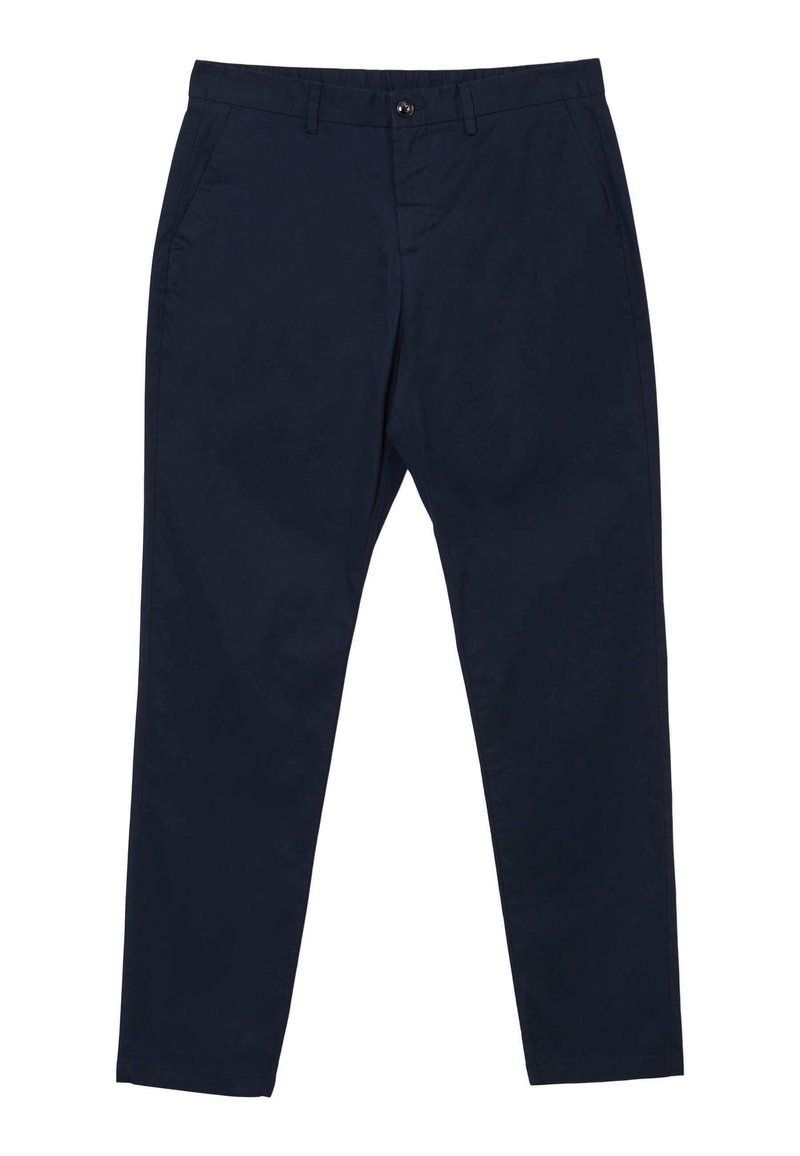 Pantaloni blu navy in cotone, con vestibilità dritta, dotati di chiusura con bottone, passanti per cintura e tasche laterali. Texture morbida su tutta la superficie.