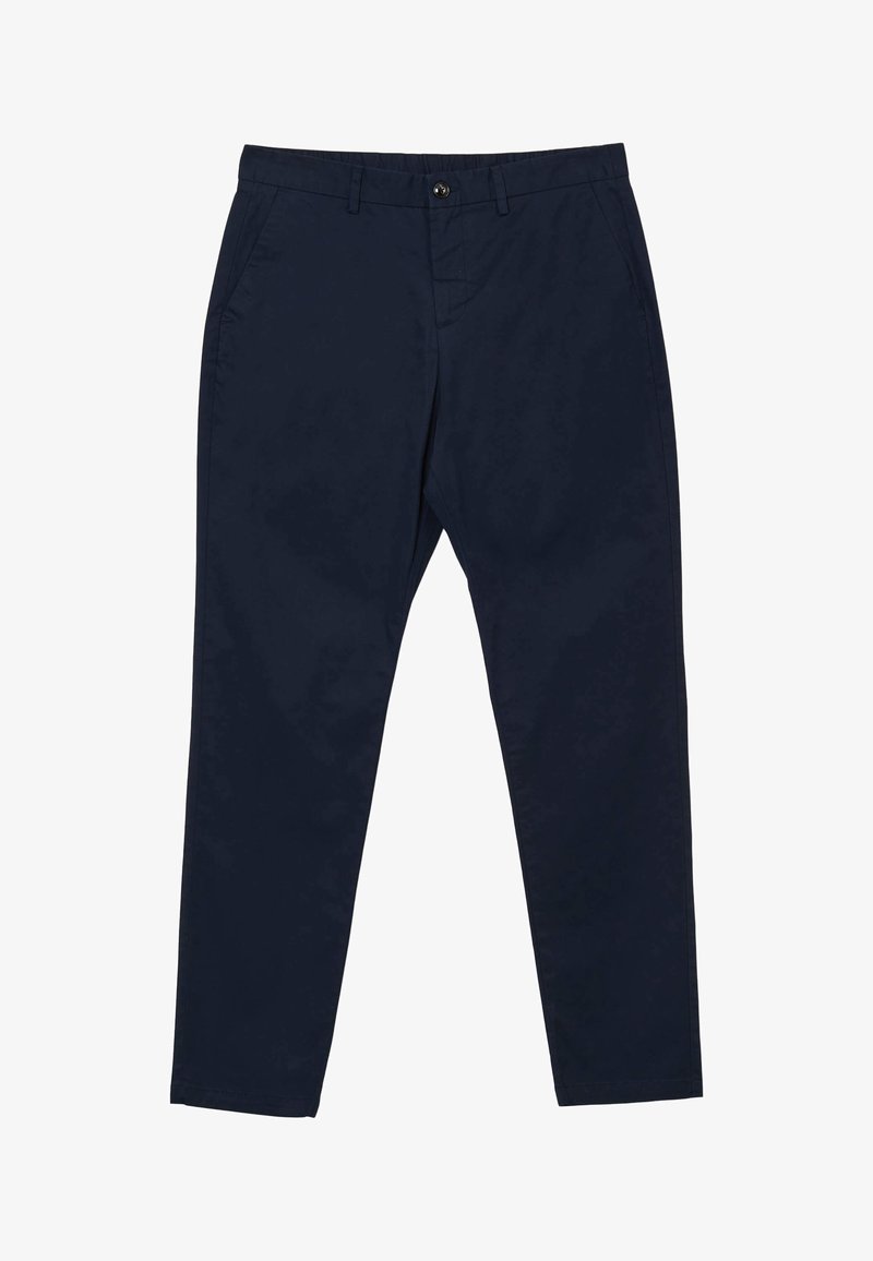 Navyblaue Baumwollhosen mit geradem Schnitt, ausgestattet mit einem Knopfverschluss, Gürtelschlaufen und Seitentaschen. Eine durchgehend glatte Textur.
