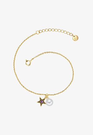 Gul kædearmbånd med en stjernecharme med lilla accenter og en perle, sikret med en låseklips og en justerbar forlængerkæde.