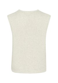Light grey, sleeveless sweater with a ribbed texture and rounded neckline. Straight hemline and minimal seams on the back.