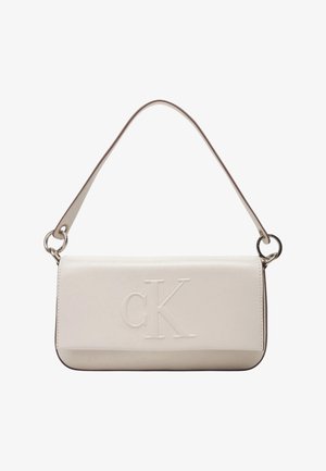 White leather shoulder bag with embossed 'CK' logo, slim rectangular design, small handle, silver hardware detailing.
