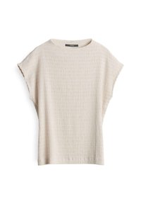 Light beige short-sleeve top with a textured surface featuring a grid pattern. Round neck design, relaxed fit with wide sleeves.