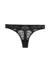Zwarte kanten string met bloemmotieven, doorschijnende zijden van gaas en een effen zwarte voorkant. Glad van textuur met geschulpte randen en decoratieve stiksels.