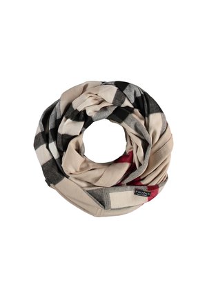 Beige ruuduline igavene sall mustade ja punaste aktsentidega, valmistatud pehmest kangast, mille pind on sile ja millel on õmmeldud silt.