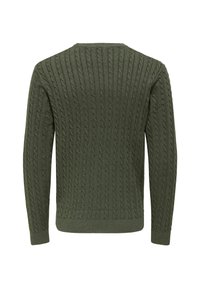 Pull en laine vert olive avec un design en torsades, des manches longues et un col rond. La texture est côtelée, avec des poignets et un ourlet ajustés.