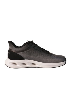 Schwarzer und grauer Sportschuh mit weißer gepolsterter Sohle und atmungsaktivem Mesh-Obermaterial, seitlich betrachtet.