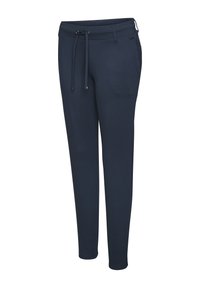 Marineblaue Jogginghosen aus weichem Stoff mit einem elastischen Taillenbund und externem Kordelzug, seitlichen Taschen und schmal zulaufenden Beinen.