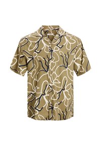 Chemise à manches courtes beige avec un motif floral blanc et marine. Présente un col décontracté et cinq boutons sur le devant.