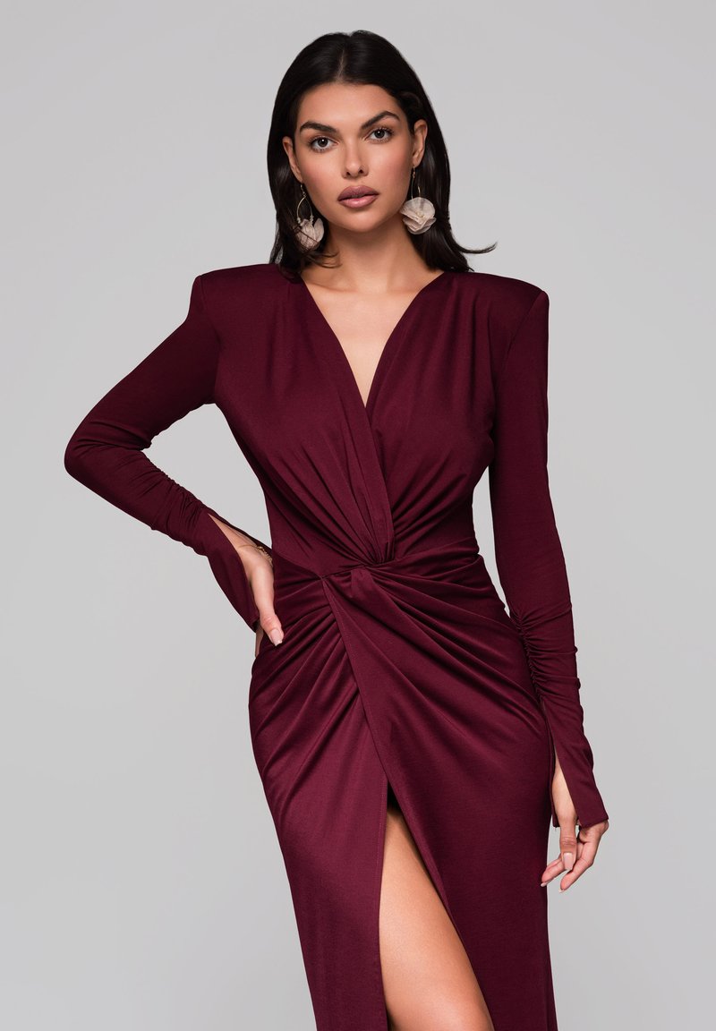 Robe De Cocktail En Velours Rouge Vin - Manches Longues Taille L - Pour Soirée Élégante