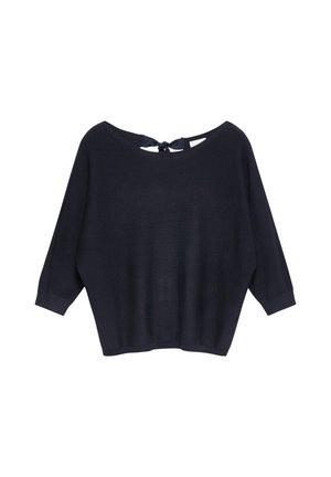 Granatowa dzianinowa bluzka z rękawami 3/4 i okrągłym dekoltem, z tyłu wiązana małą kokardką.