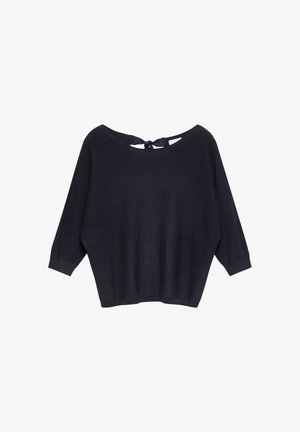 Granatowa dzianinowa bluzka z rękawami 3/4 i okrągłym dekoltem, z tyłu wiązana małą kokardką.