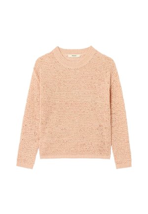 Pull en tricot rose clair à manches longues avec un col rond côtelé et un motif texturé sur toute la surface.