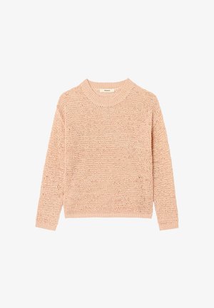 Pull en tricot rose clair à manches longues avec un col rond côtelé et un motif texturé sur toute la surface.