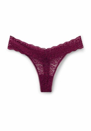 Burgundy lace thong with floral pattern, scalloped edges, and a sheer texture, showcasing intricate detailing and fine craftsmanship.