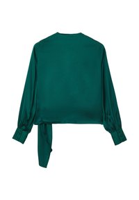Teal Satinbluse mit langen Ärmeln, Rundhalsausschnitt und Taillenknotendetail. Beinhaltet Manschetten mit zwei Knöpfen, glatte Textur und fließendes Design.