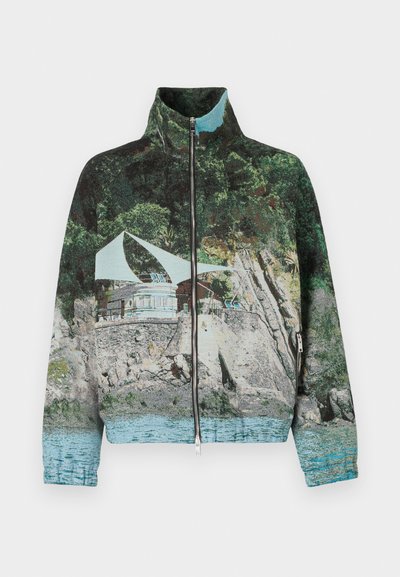 Jacke mit Reißverschluss, die einen fotografischen Druck einer Küstenszene mit Felsen, Wasser und einem Gebäude zeigt; die Farben umfassen Grün, Blau und Braun.