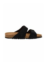 Svarta mocka slip-on sandaler med två korsande remmar, en korkfotbädd och en texturerad gummisula för grepp och komfort.