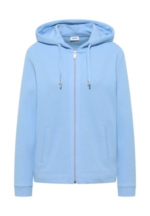 Sweat à capuche zippé en tricot bleu clair avec poches avant et cordons sur la capuche, présenté sur un fond blanc.