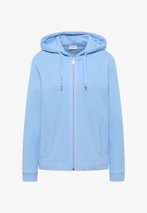 Sweat à capuche zippé en tricot bleu clair avec poches avant et cordons sur la capuche, présenté sur un fond blanc.