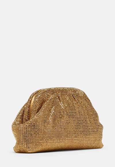 Gold metallic clutch bag made of textured mesh with a gathered design and a zipper closure, featuring a smooth finish and reflective elements.