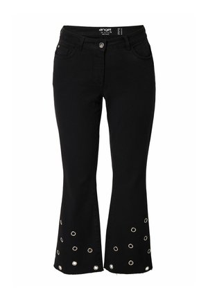 Sorte flared jeans lavet af bomuld med en glat tekstur. Har sølv øjer ved kanten og et klassisk fem-lomme design.