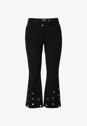 Czarne dżinsy z rozkloszowanymi nogawkami wykonane z bawełny o gładkiej fakturze. Wyposażone w srebrne oczka na końcu nogawki oraz klasyczny design pięciu kieszeni.