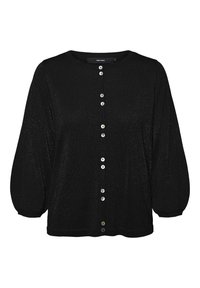 Cardigan nero lavorato a maglia con scollatura rotonda, maniche lunghe a sbuffo e chiusura frontale con bottoni a pressione bianchi rotondi. Leggermente testurizzato.