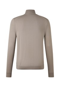 Pull beige à manches longues avec un col montant, des poignets côtelés et une texture lisse. Présente un design sans coutures et des détails de couture subtils.