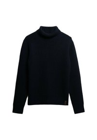 Dunkelblauer Rollkragenpullover aus strukturiertem Strickstoff, mit langen Ärmeln und einem gerippten Kragen, der am Saum mit einem kleinen Logotag versehen ist.