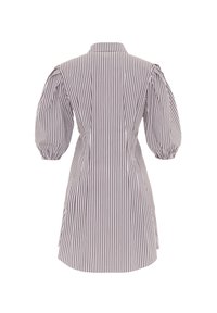 Robe chemise rayée avec manches trois-quarts bouffantes et taille cintrée, vue de dos sur fond blanc.