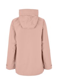 Hellrosa Regenjacke mit langen Ärmeln und angenähter Kapuze, verstellbaren Handgelenkriemen, von hinten vor weißem Hintergrund gezeigt.