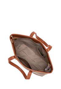 Braune Leder-Tote-Bag mit geräumigem Innenraum, ausgestattet mit einem gepunkteten Futter, einer Reißverschlusstasche und mehreren Fächern zur Organisation.