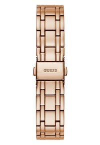 Hodinky z ružového zlata s náramkom s vzorovanými článkami. Má hladký povrch a sponu so značkou "GUESS" vygravírovanou.