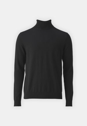 Maglione nero a collo alto realizzato in tessuto morbido, con maniche lunghe e colletto a costine, caratterizzato da una texture liscia e un design aderente.